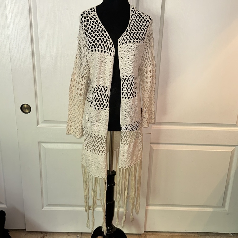 Elegant Cream Crochet Open-Front Sweater